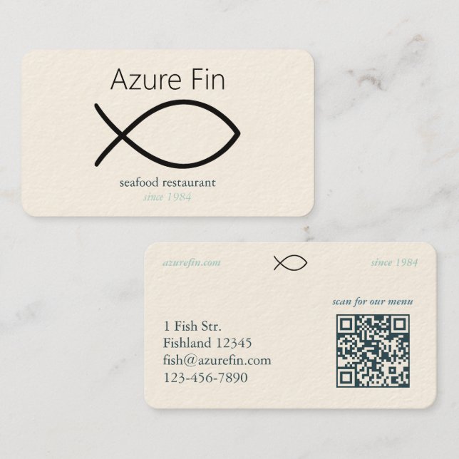 Elegant Seafood Restaurant | Fish Logo & QR Code Business Card (Front/Back)