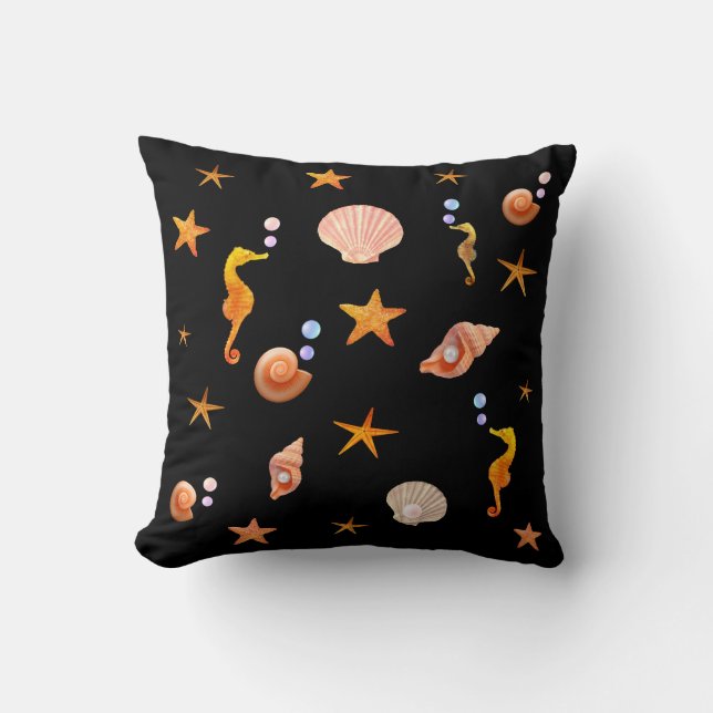 Elegant seahorses, shells & sea stars on black cushion (Front)