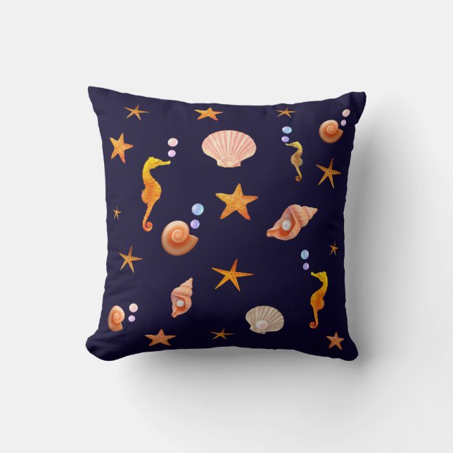 Elegant seahorses, shells & sea stars on navy blue cushion (Front)