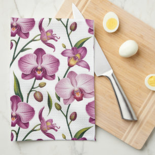 Elegant Seamless Pattern of Purple and Pink Orchid Tea Towel