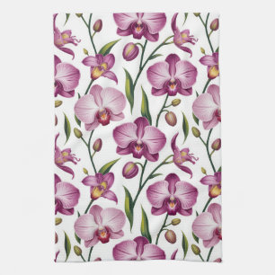 Elegant Seamless Pattern of Purple and Pink Orchid Tea Towel