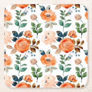 Elegant Seamless Pattern of Watercolor Flowers Square Paper Coaster