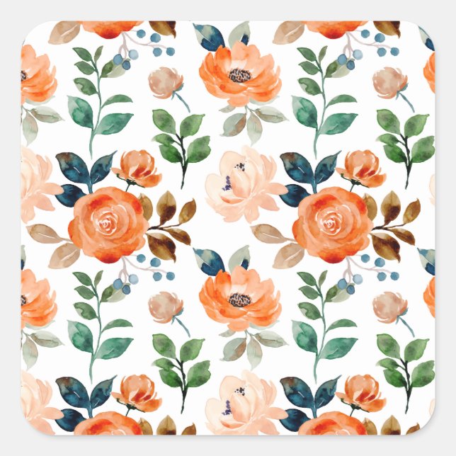 Elegant Seamless Pattern of Watercolor Flowers Square Sticker (Front)