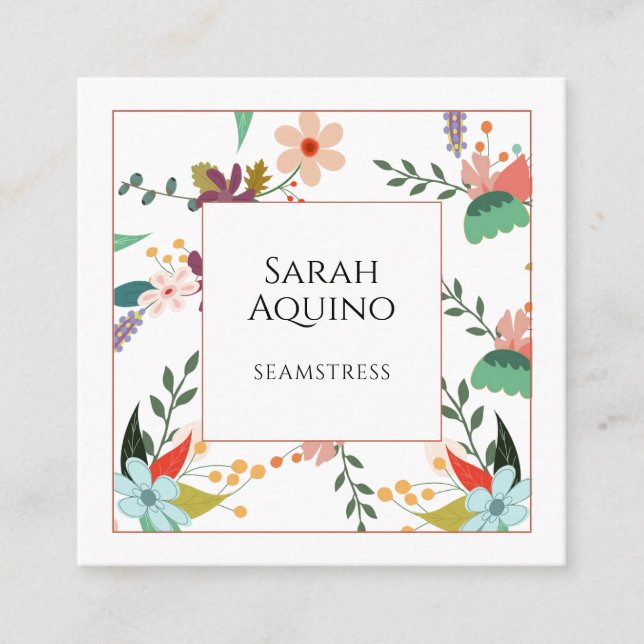 Elegant Seamstress Floral Pattern Square Business Card (Front)