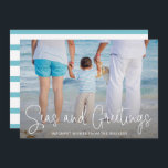 Elegant Seas and Greetings Beach Photo Christmas Holiday Card<br><div class="desc">Send out holiday cheer with this nautical themed flat Christmas card featuring a simple design with the words "Seas and Greetings" in an elegant thin white script,  along with your message over your favourite horizontal beach vacation photo.  The backside has aqua and white stripes.</div>