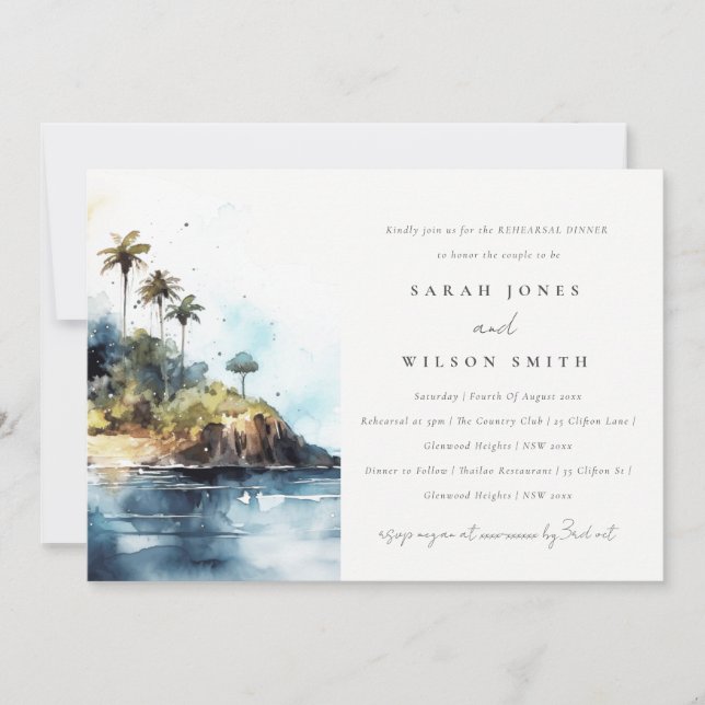 Elegant Seascape Palm Tree Island Rehearsal Dinner Invitation (Front)