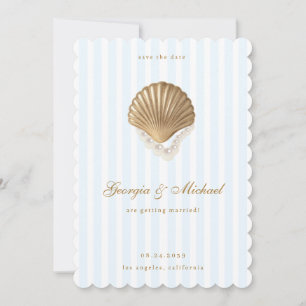 Elegant Seashell Gold & Blue Coastal Wedding Save The Date