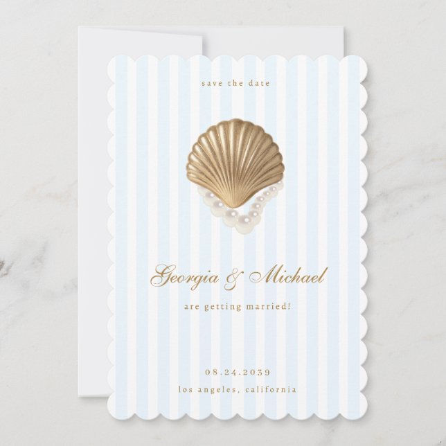 Elegant Seashell Gold & Blue Coastal Wedding Save The Date (Front)
