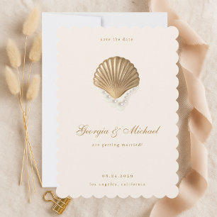 Elegant Seashell & Pearls Gold Coastal Wedding Save The Date