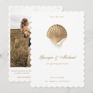 Elegant Seashell & Pearls Gold Coastal Wedding Save The Date
