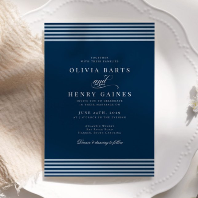 Elegant Seaside Coastal Blue Stripe Wedding Invitation (Creator Uploaded)