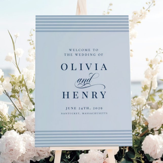 Elegant Seaside Coastal Blue Stripe Wedding Sign (Creator Uploaded)