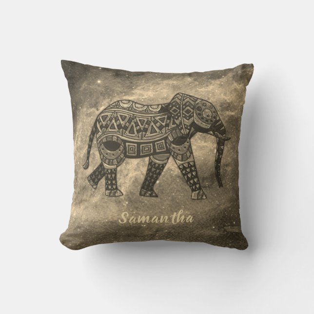 Elegant Sepia and Black Artistic Elephant Cushion (Front)