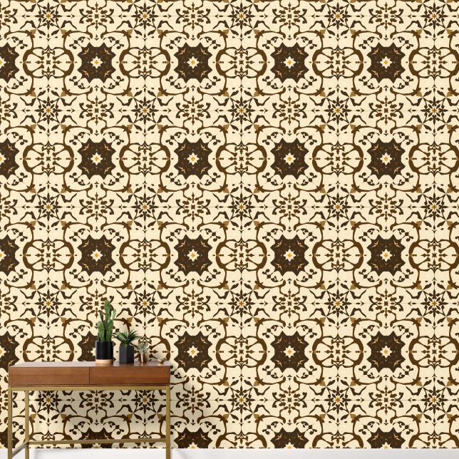 Elegant Sepia Arabesque Kaleidoscope Pattern Wallpaper (Hallway)