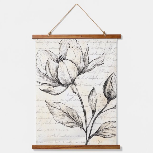 Elegant Sepia Botanical Flowers Vintage Script Hanging Tapestry (Front)