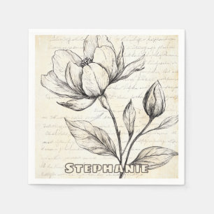 Elegant Sepia Botanical Flowers Vintage Script Napkin