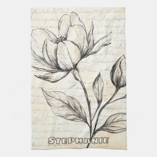 Elegant Sepia Botanical Flowers Vintage Script Tea Towel