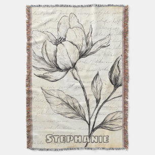 Elegant Sepia Botanical Flowers Vintage Script Throw Blanket