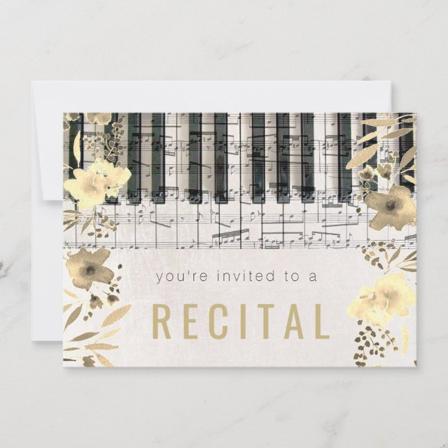 elegant sepia watercolor flowers music recital invitation (Front)