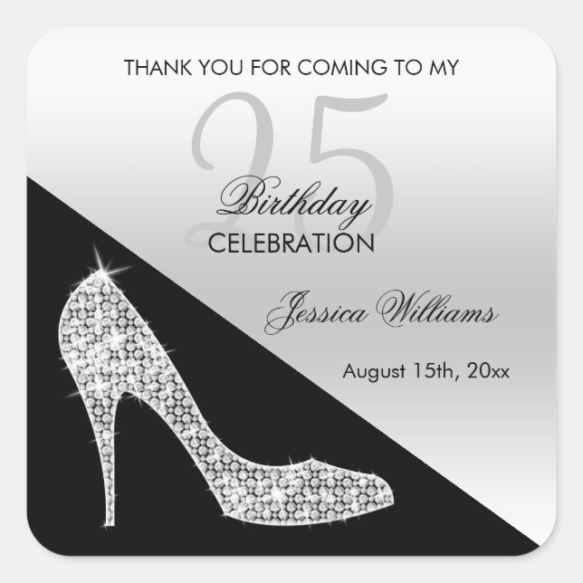 Elegant Sequin Stiletto, Silver & Black Birthday  Square Sticker (Front)