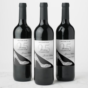 Elegant Sequin Stiletto, Silver & Black Birthday Wine Label