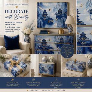 Elegant Serene Blue Chinoiserie Mountain Decoupage Tissue Paper