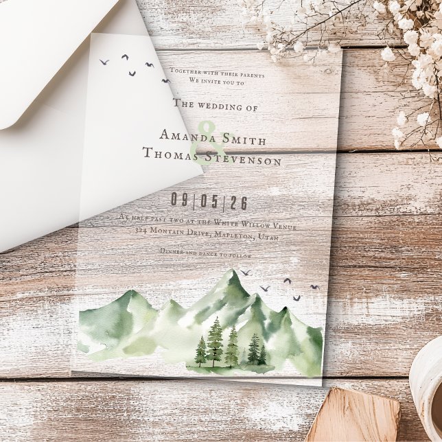 Elegant serene green montain landscape wedding acrylic invitations (Creator Uploaded)