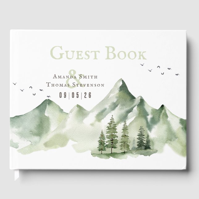 Elegant serene green mountain landscape guest book (Front)