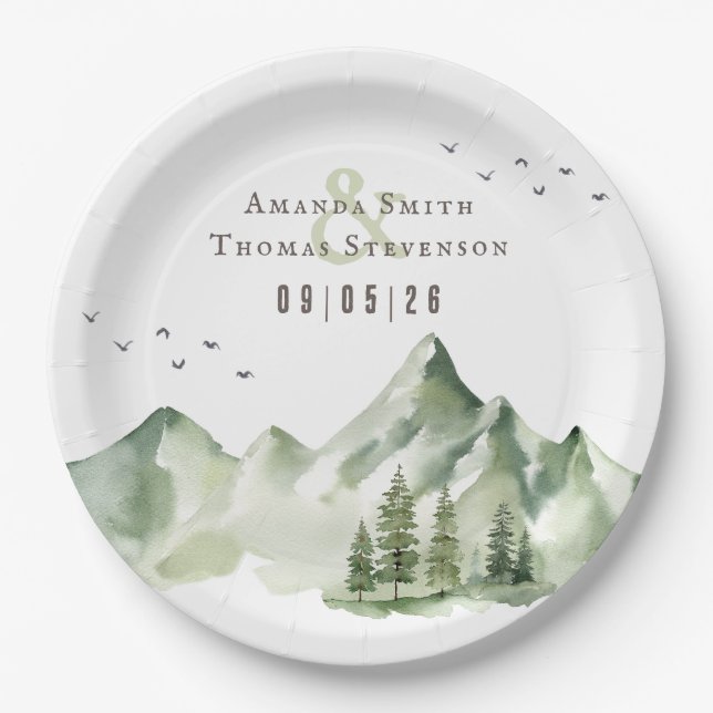 Elegant serene green mountain landscape paper plate (Front)
