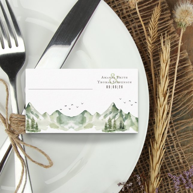 Elegant serene green mountain landscape place card (Creator Uploaded)