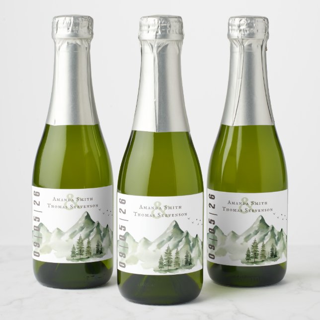 Elegant serene green mountain landscape sparkling wine label (Bottles)