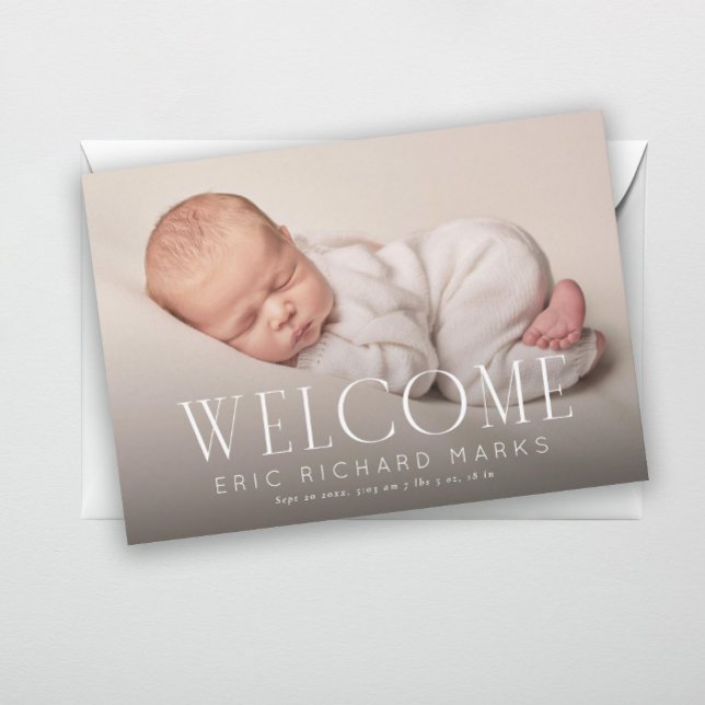 Elegant Serif Welcome Horizontal Baby Photo Birth Announcement (Creator Uploaded)