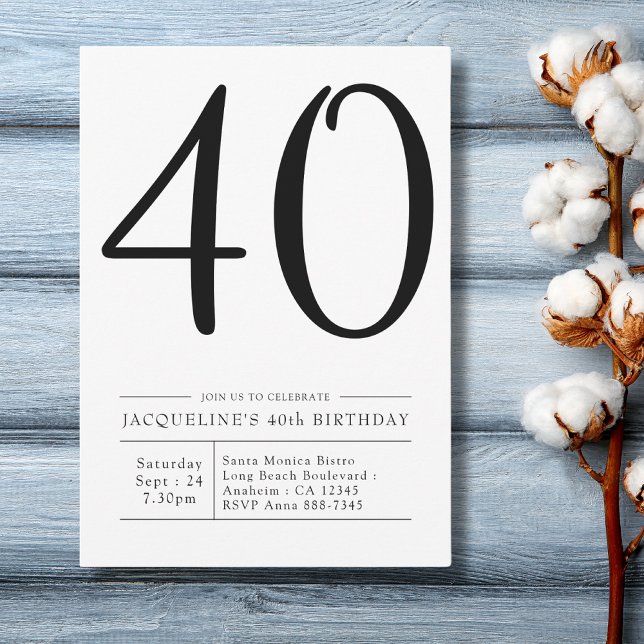 Elegant seventy 40th Birthday Simple Party Invitation (Modern black and white 40th birthday invitation on blue wood background.)