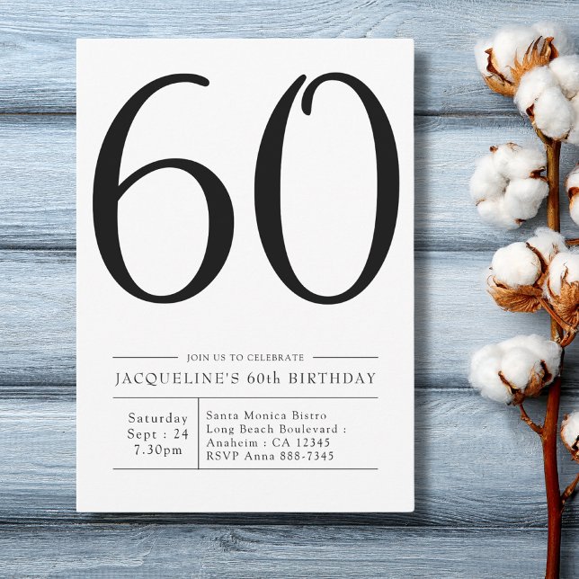 Elegant seventy 60th Birthday Simple Party Invitation (Modern 60th Birthday Party Invitation in black and white on a blue wood plank background.)