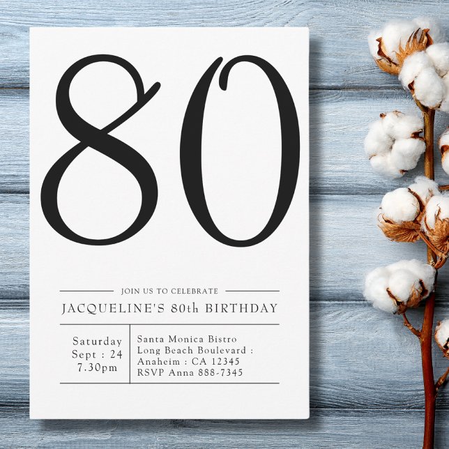Elegant seventy 80th Birthday Simple Party Invitation (modern simple black and white 80th birthday party invitation on a blue wood background.)