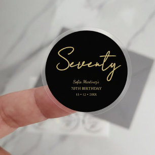 Elegant Seventy Birthday Sticker–Black Gold Script Classic Round Sticker
