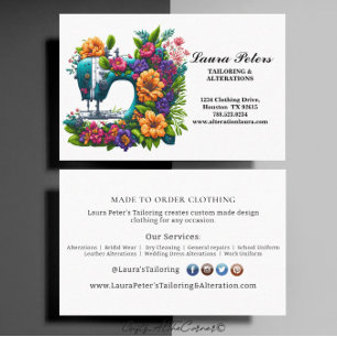 Elegant Sewing Machine Tropical Flower Tailoring Business Card