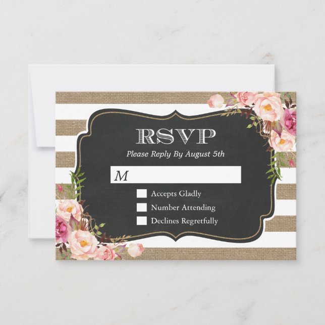 Elegant Shabby Burlap Stripes Floral RSVP Reply (Front)