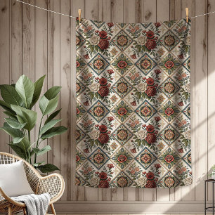 Elegant Shabby Chic Blanket Red Roses Tile Motifs
