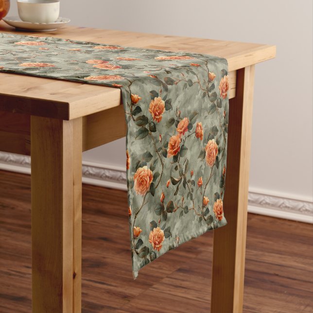Elegant shabby chic living coral roses sage green short table runner (In Situ)