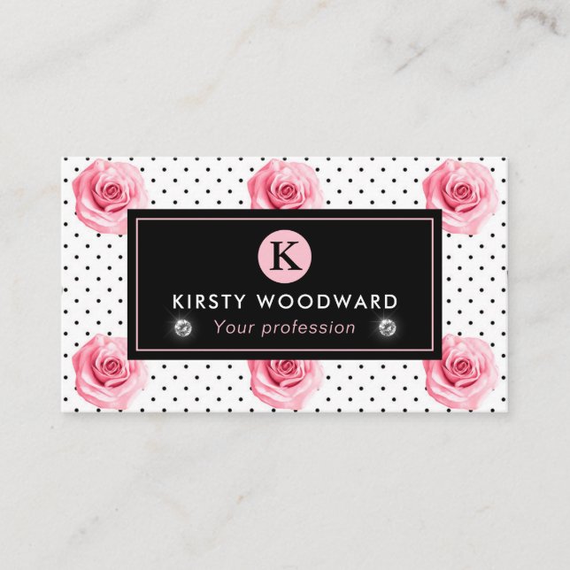 Elegant Shabby Chic Pink and Black Roses Pattern Business Card (Front)