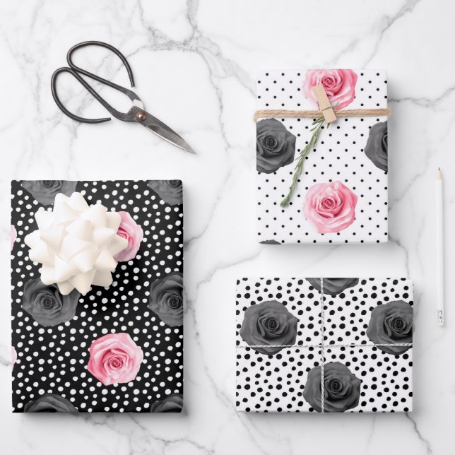 Elegant Shabby Chic Pink and Black Roses Stripes Wrapping Paper Sheet (Front)