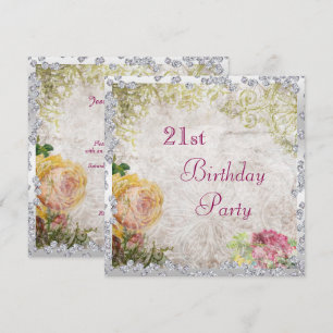 Elegant Shabby Chic Roses & Diamonds 21st Birthday Invitation