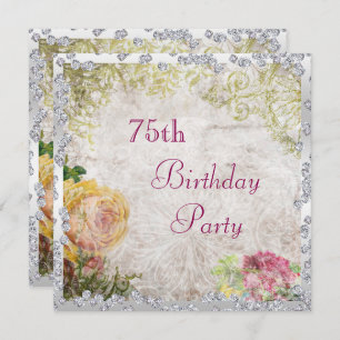 Elegant Shabby Chic Roses & Diamonds 75th Birthday Invitation