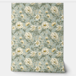 Elegant Shabby chic vintage white flowers sage Wallpaper