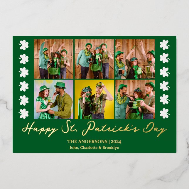 Elegant Shamrock St. Patrick's Day Family photo Foil Holiday Card (Front)
