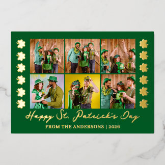 Elegant Shamrock St. Patrick's Day Family photo Foil Holiday Card
