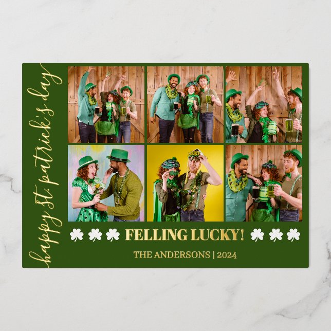 Elegant Shamrock St. Patrick's Day Family photo Foil Holiday Card (Front)