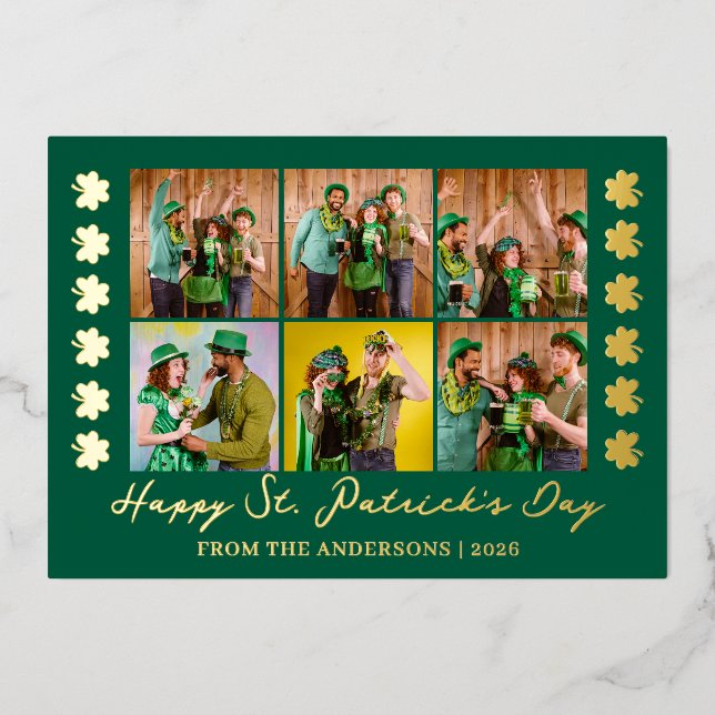 Elegant Shamrock St. Patrick's Day Family photo Foil Holiday Card (Front)