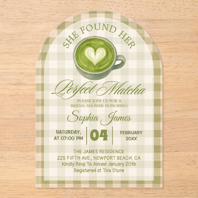 Elegant She Found Her Perfect Matcha Bridal Shower Acrylic Invitations (Front)